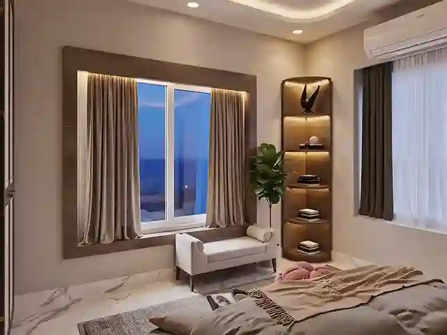 Modern bedroom with warm lighting, corner wooden shelf, beige curtains, and marble flooring