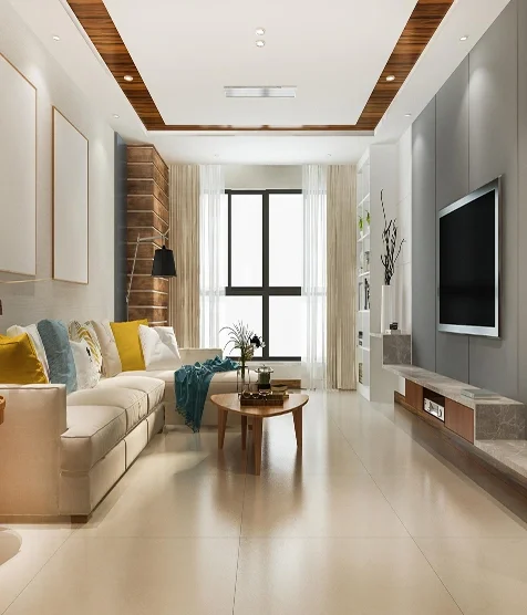 Modern living room interior design with beige sofa, wooden ceiling panels, and large window lighting