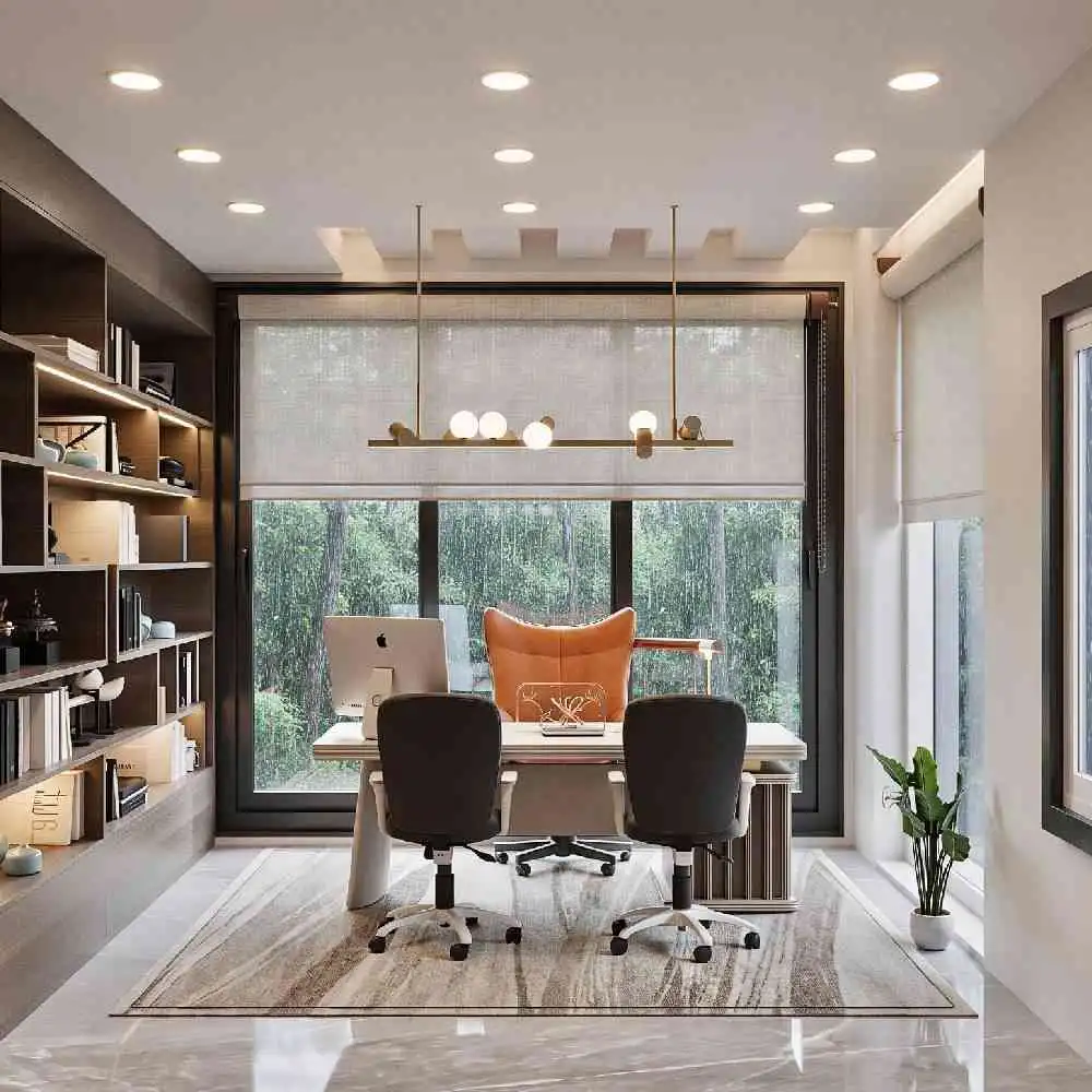 Contemporary bedroom interior with study desk, storage shelves and window seating